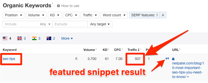 seo tips featured snippet result