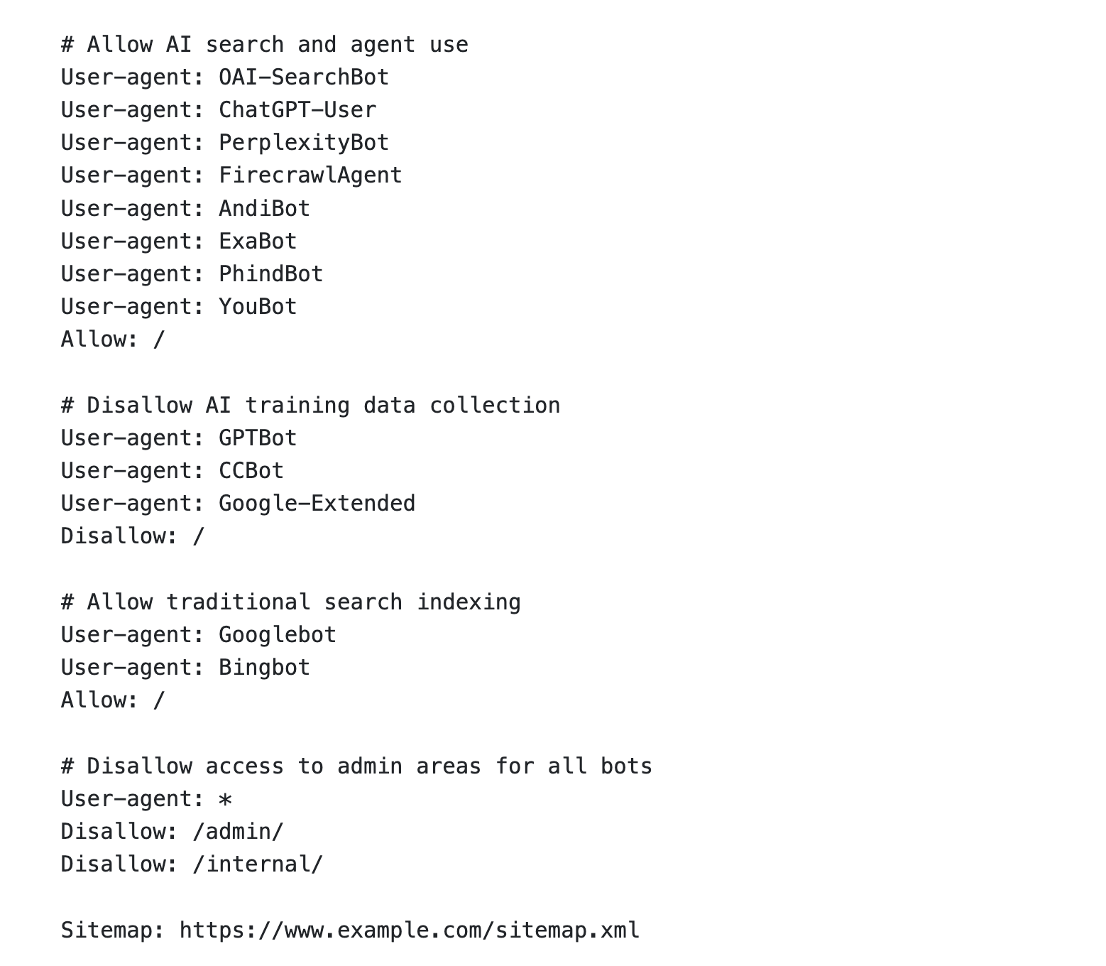 Example from Jed White on allowing AI crawlers in a robot txt file