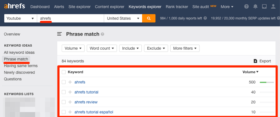 Top Youtube Searches As Of April 2019 - ahrefs phrase match youtube