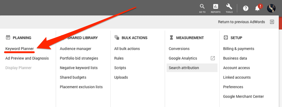 keyword planner button