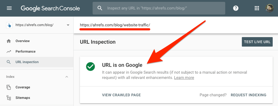 url is on google search console