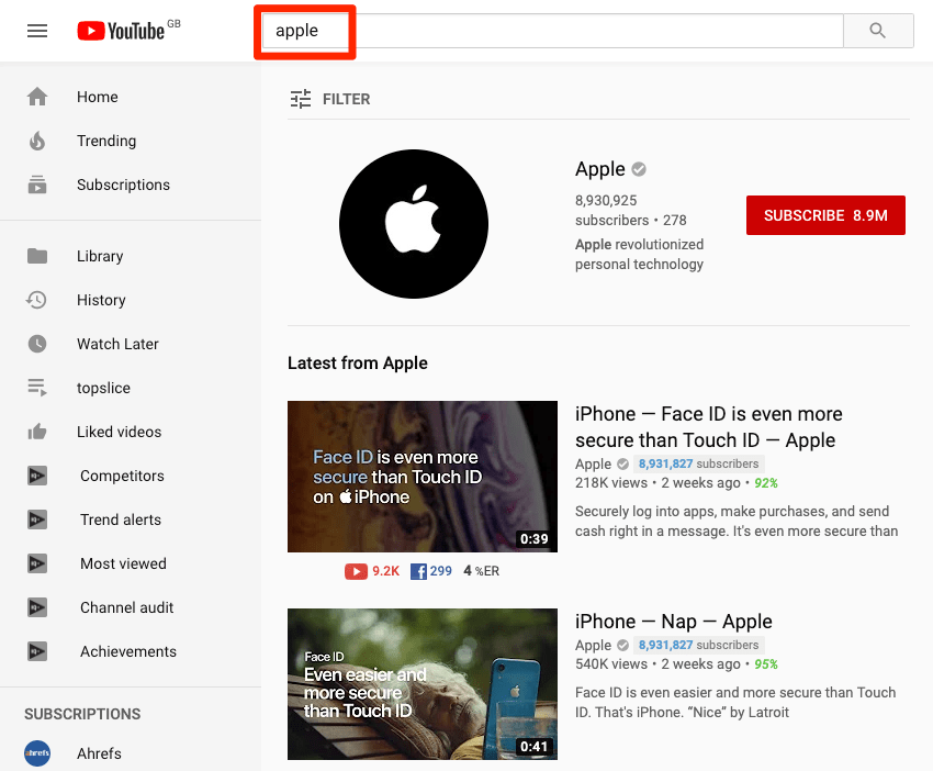 résultats Apple youtube "srcset =" https://ahrefs.com/blog/wp-content/uploads/2019/08/apple-results-youtube.png 850w, https://ahrefs.com/blog/wp-content/ uploads / 2019/08 / apple-results-youtube-768x634.png 768w, https://ahrefs.com/blog/wp-content/uploads/2019/08/apple-results-youtube-515x425.png 515w "tailles = "(largeur maximale: 850px) 100vw, 850px