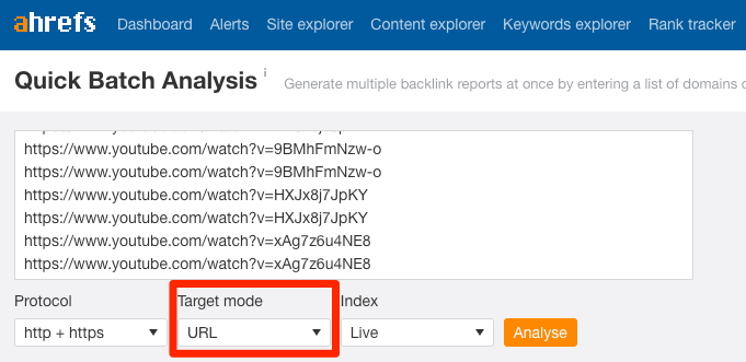 mode d'analyse en lots "srcset =" https://ahrefs.com/blog/wp-content/uploads/2019/08/batch-analysis-url-mode.png 681w, https://ahrefs.com/blog/wp -content / uploads / 2019/08 / batch-analysis-url-mode-680x331.png 680w "tailles =" (largeur maximale: 681px) 100vw, 681px