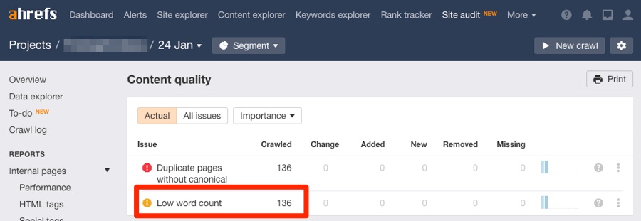 low word count content quality site audit