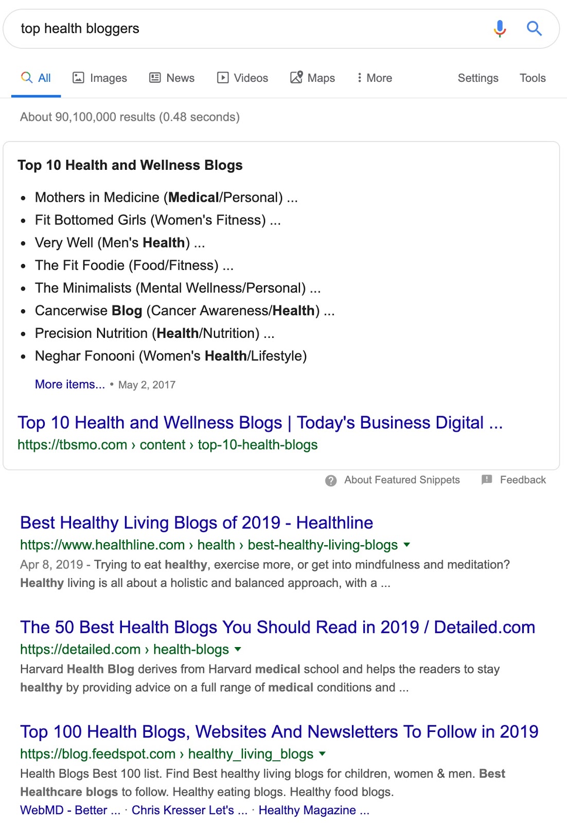 meilleurs blogueurs sur la santé Google Search "srcset =" https://ahrefs.com/blog/wp-content/uploads/2019/10/top_health_bloggers_-_Google_Search.jpg 1102w, https://ahrefs.com/blog/wp-content/ uploads / 2019/10 / top_health_bloggers _-_ Google_Search-768x1115.jpg 768w, https://ahrefs.com/blog/wp-content/uploads/2019/10/top_health_bloggers_-_Google_Search-293x425.jpg 293w "tailles =" (max- largeur: 1102px) 100vw, 1102px