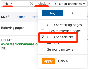 urls of backlinks include filter