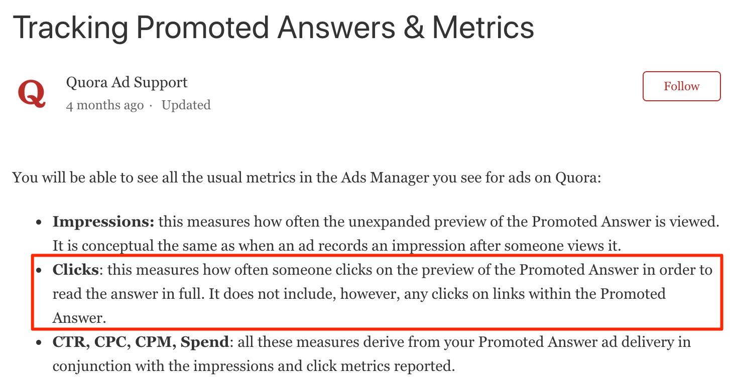 Tracking Promoted Answers Metrics Quora