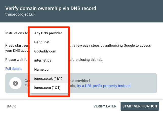 search console provider dropdown