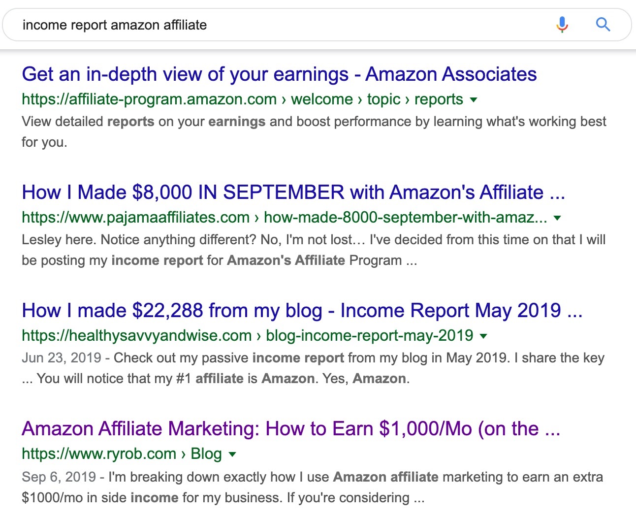 rapport sur les revenus affilié à amazon recherche Google 2