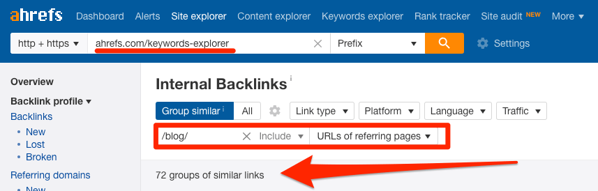 internal links to keywords explorer