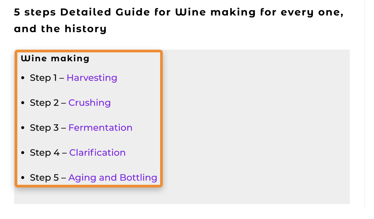 Page listing the 5 main winemaking steps