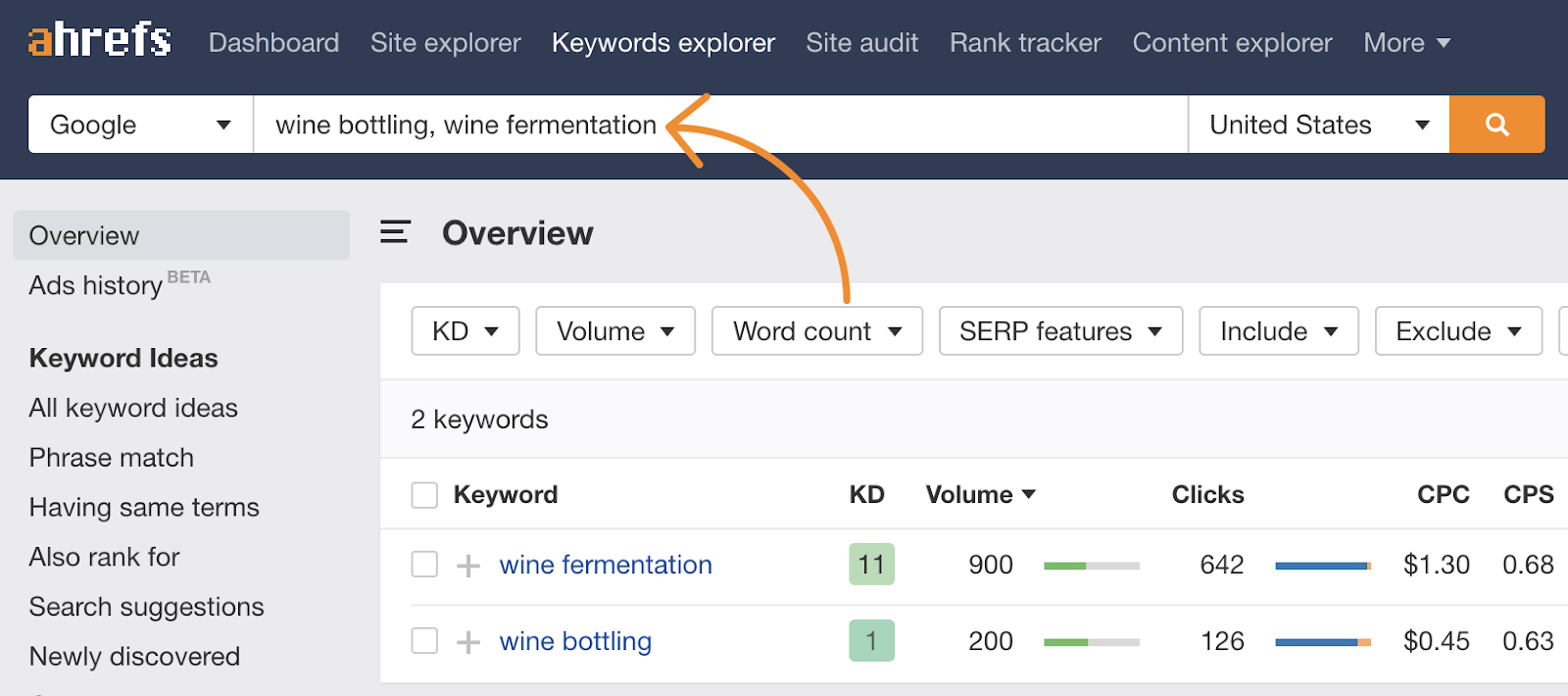 Volumes de pesquisa para 'fermentação de vinho' e 'engarrafamento de vinho' no Explorador de palavras-chave do Ahrefs