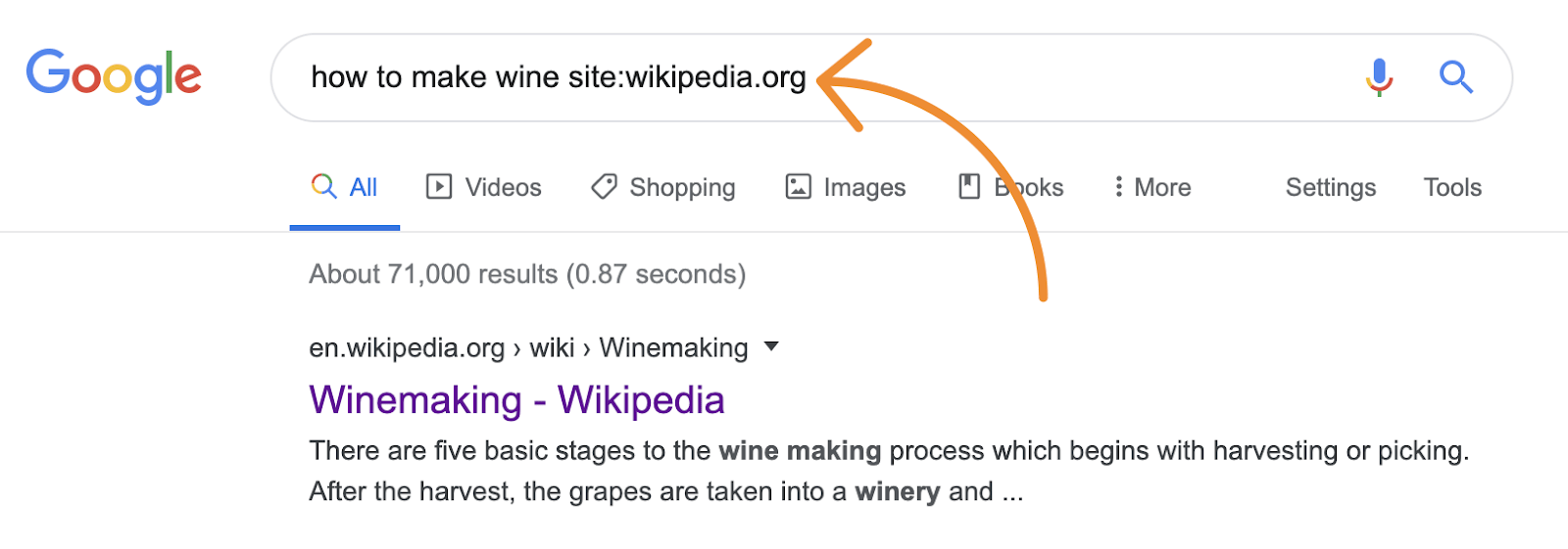 Google search for Wikipedia page about how to make wine