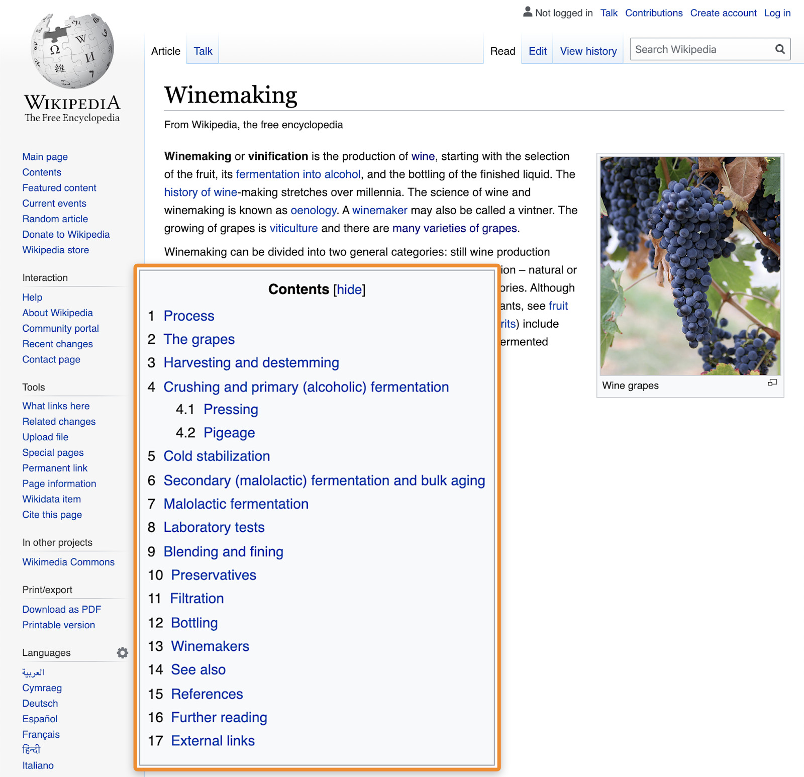 Página da Wikipedia sobre como fazer vinho