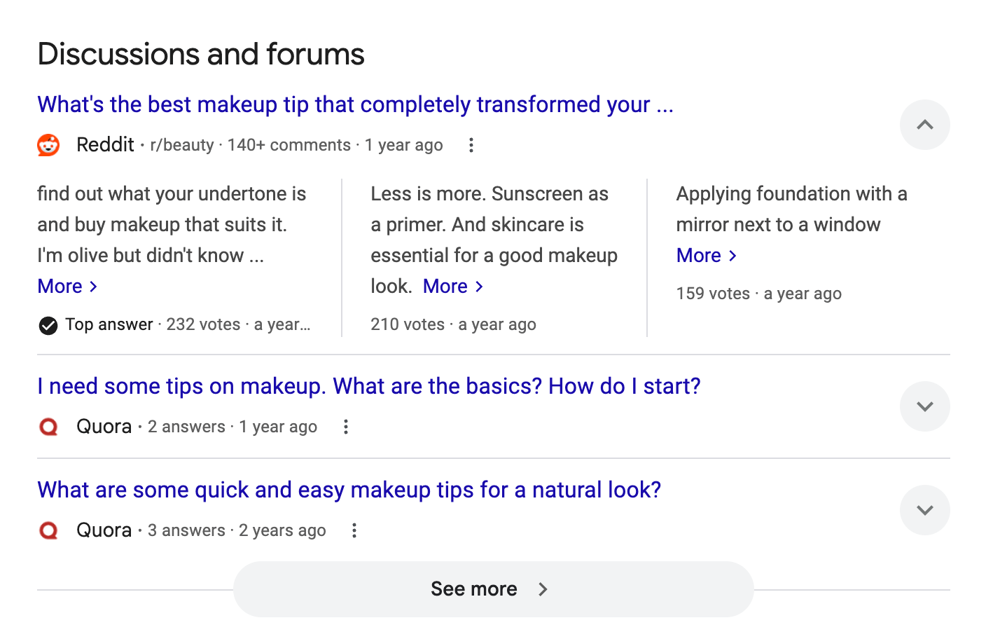 A screenshot of Google search results for makeup discussion forums. Includes Reddit and Quora links with previews of the discussion topics.
