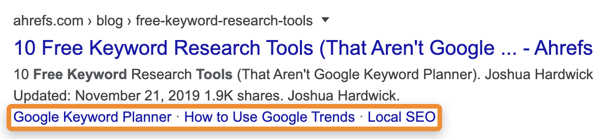 Ahrefs blog post: "10 Free Keyword Research Tools". Related keyword links are highlighted in a box.