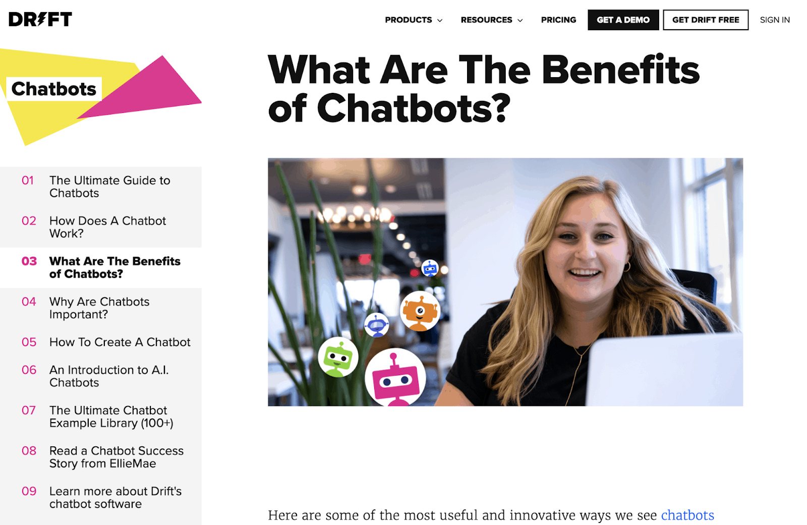 Subpágina do Drift sobre os benefícios dos chatbots