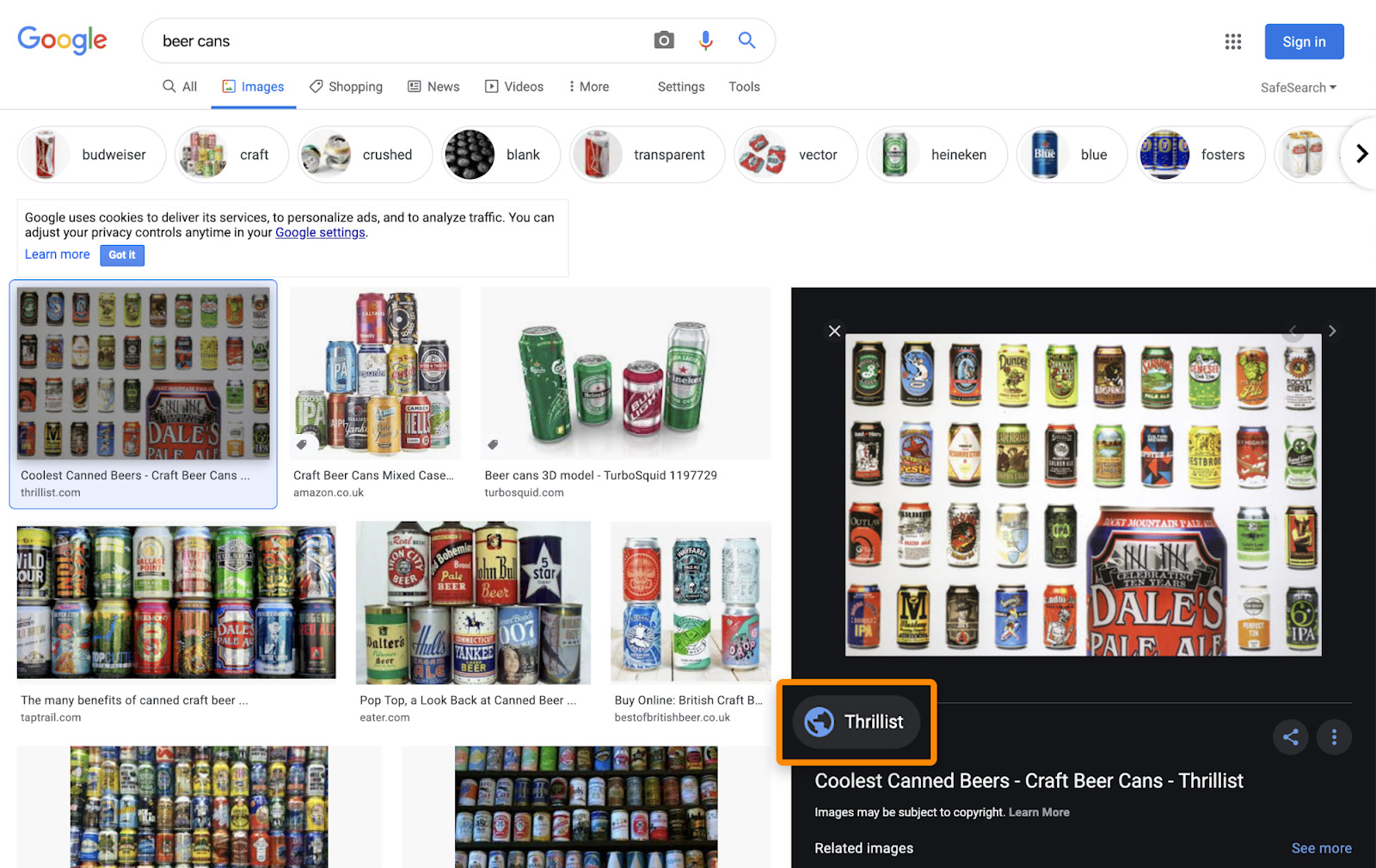 Google Image search result for "beer cans." Focused thumbnail from Thrillist featuring an array of colorful craft beer cans.