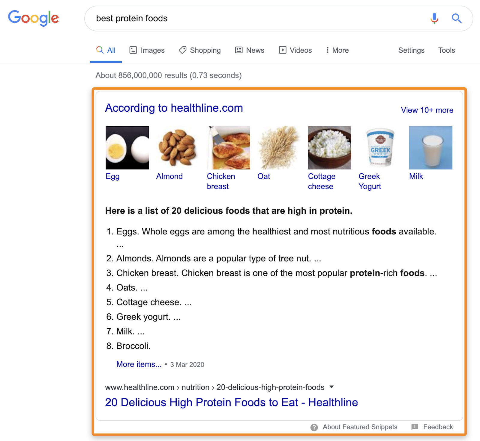 Google search result for "best protein foods" showing a Healthline snippet listing protein sources like eggs, almonds, and chicken breast.