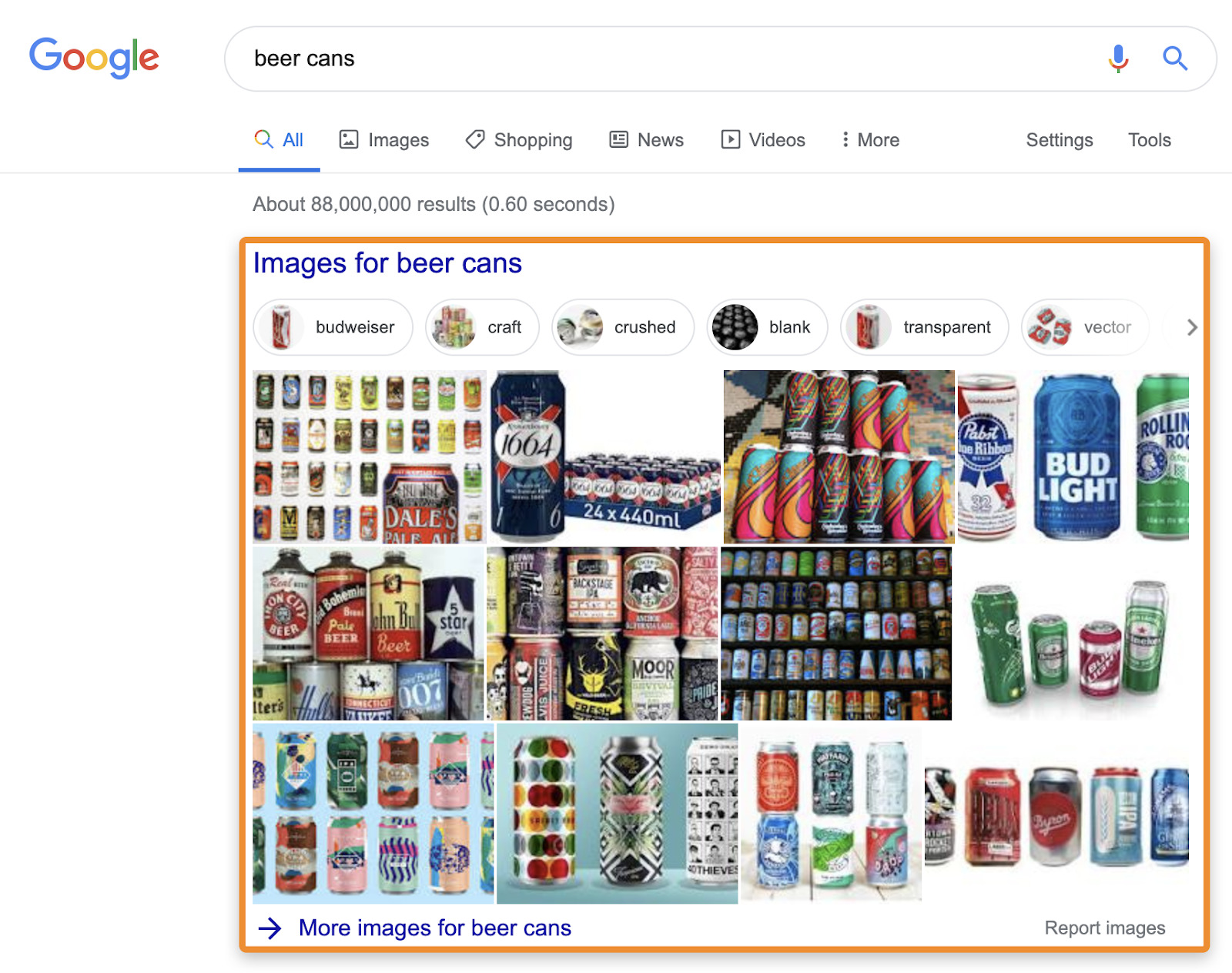 Google search results for "beer cans" showing image results of various beer can brands and styles.