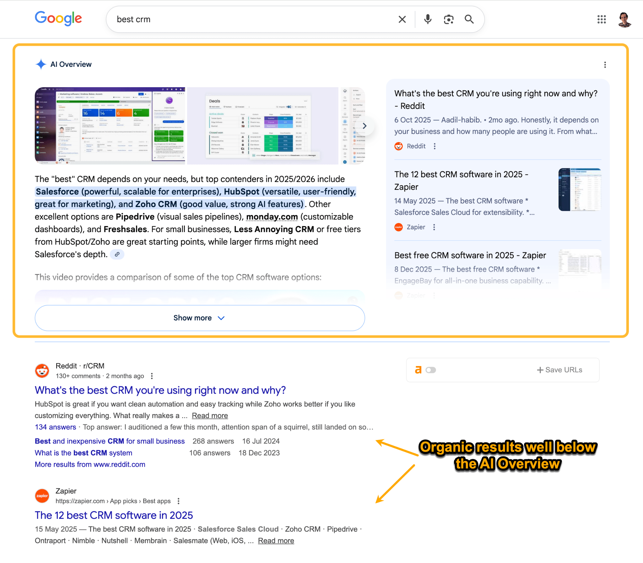 Google search results for "best crm". AI overview recommends Salesforce, HubSpot, and Zoho. Organic results are below the AI overview.