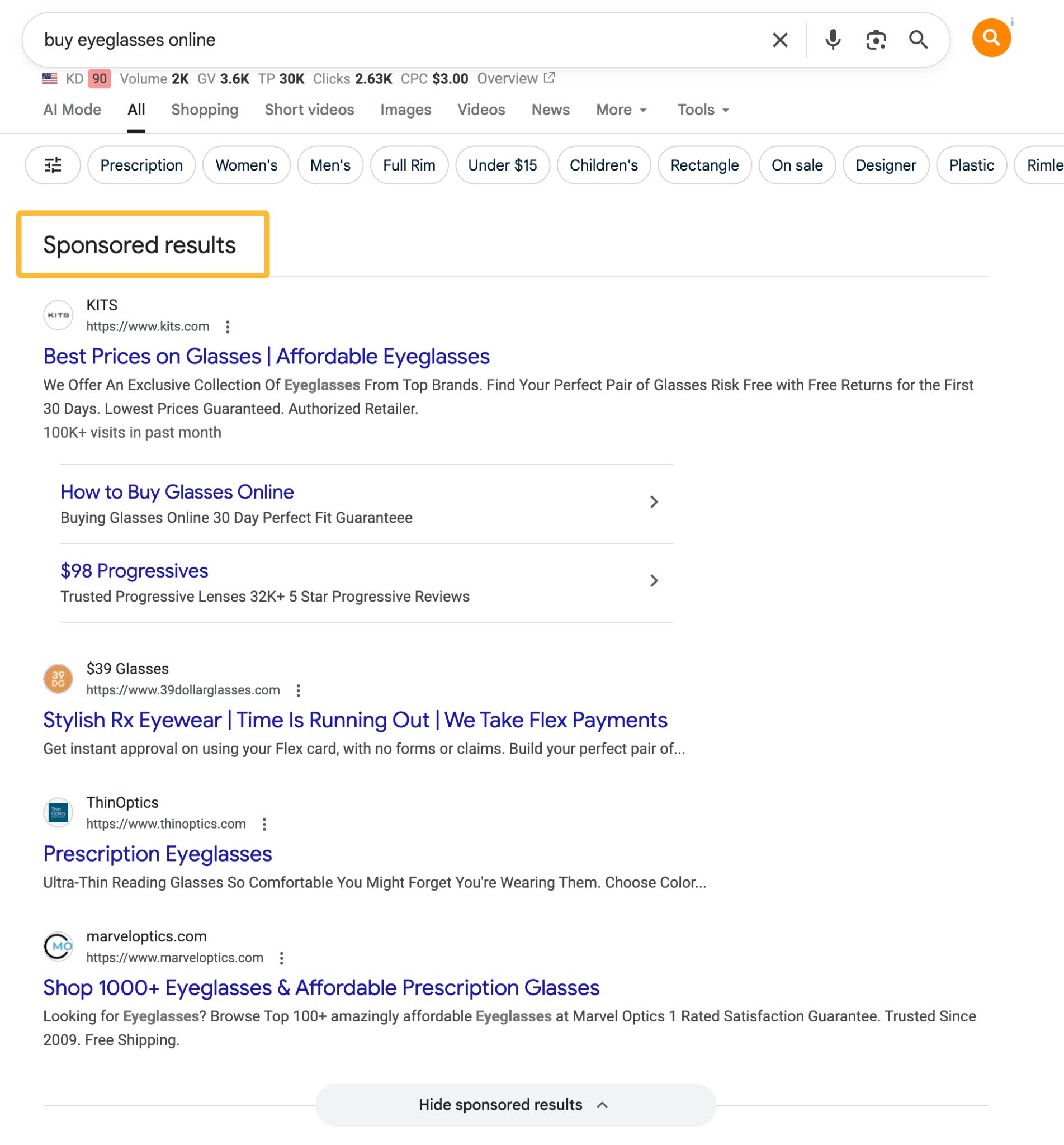 Google search results for "buy eyeglasses online." Sponsored results and filter options are displayed.