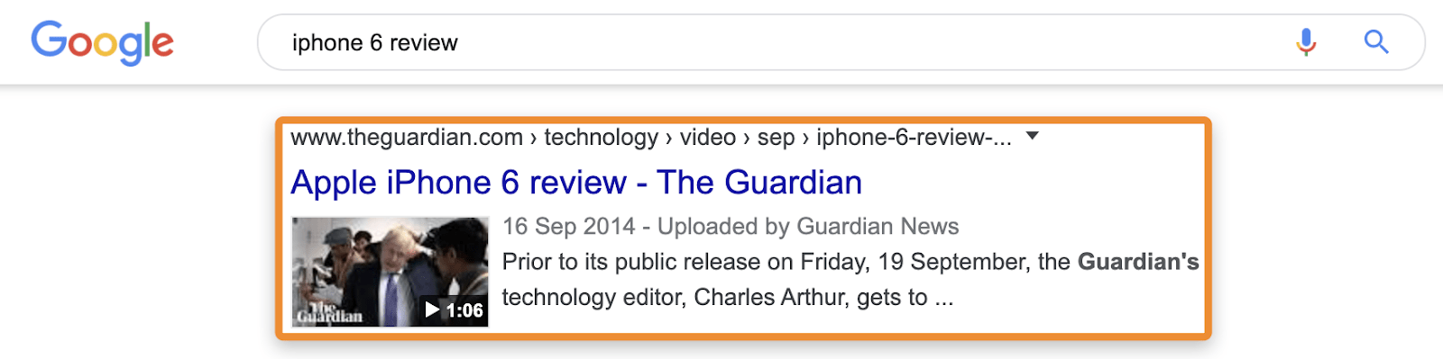 Google search results for "iPhone 6 review". A "The Guardian" video review is highlighted, dated 2014.