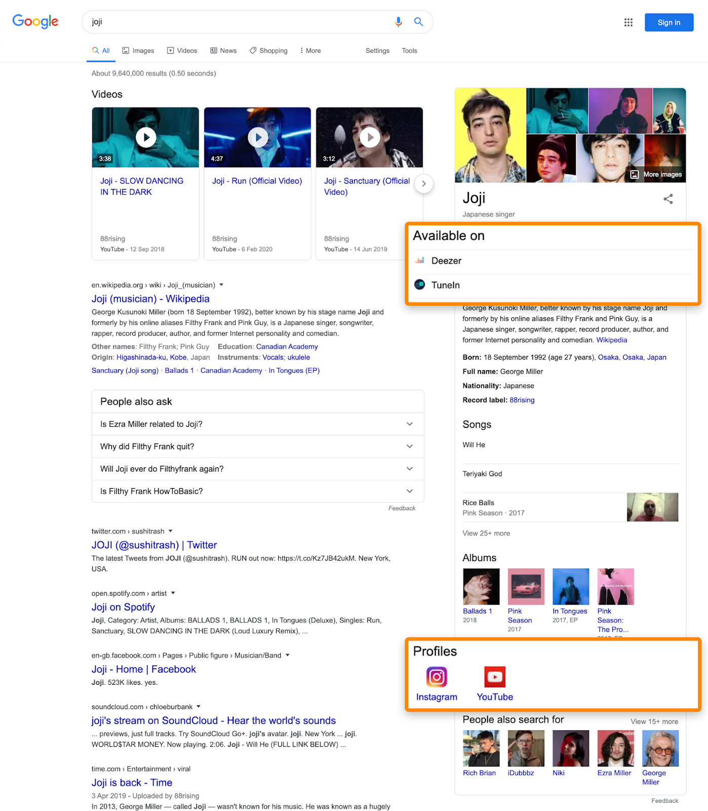 Google search results for "Joji". Displays videos, Wikipedia info, Deezer and TuneIn availability, plus links to Instagram and YouTube profiles.