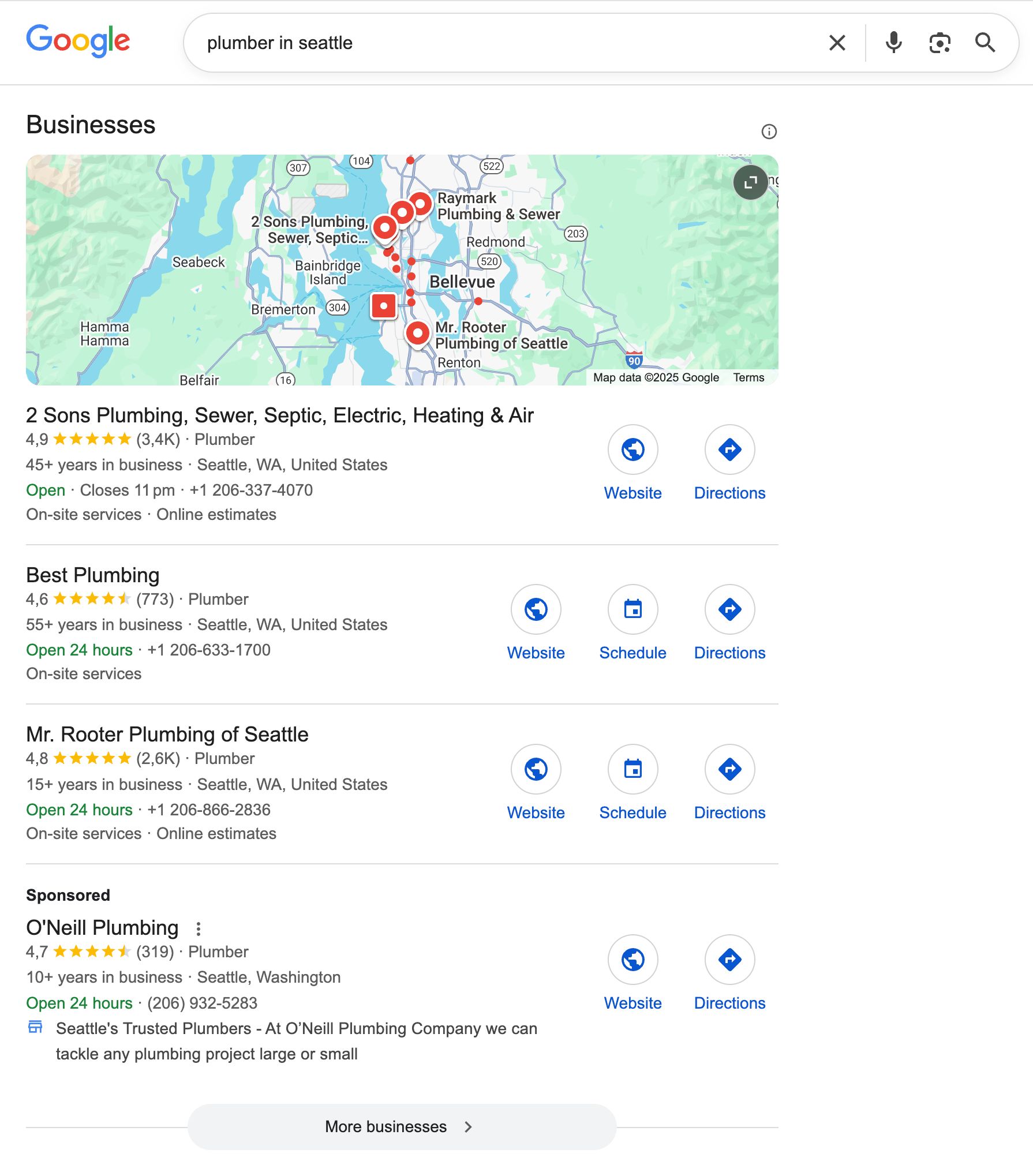 Google search results for plumbers in Seattle: a map with several businesses listed with ratings, addresses, and contact info.