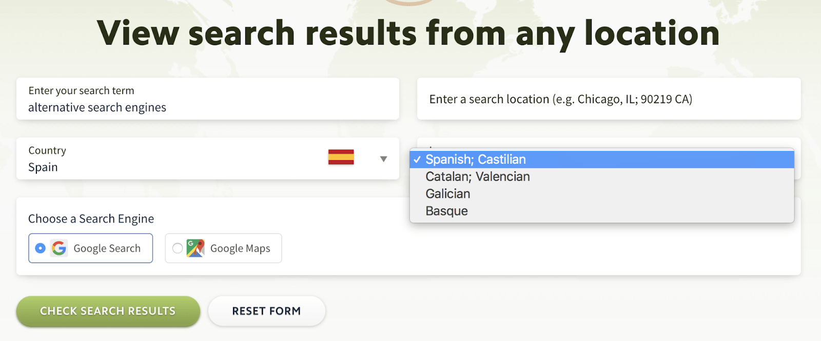 local search results checker language