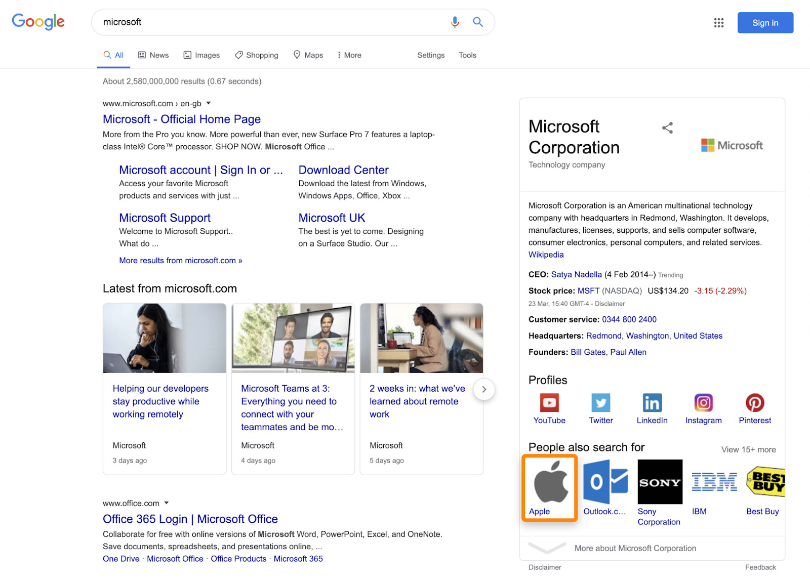 Screenshot of a Google search for "microsoft". Shows Microsoft's website, news, and company information. "Apple" is highlighted.