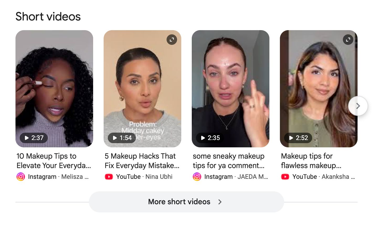 Short videos showing makeup tutorials. Presenters are women from diverse backgrounds. Content is from Instagram and YouTube.