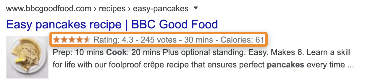 Web search result for an easy pancake recipe from BBC Good Food. Includes pancake image, star rating, cook time and calorie count.