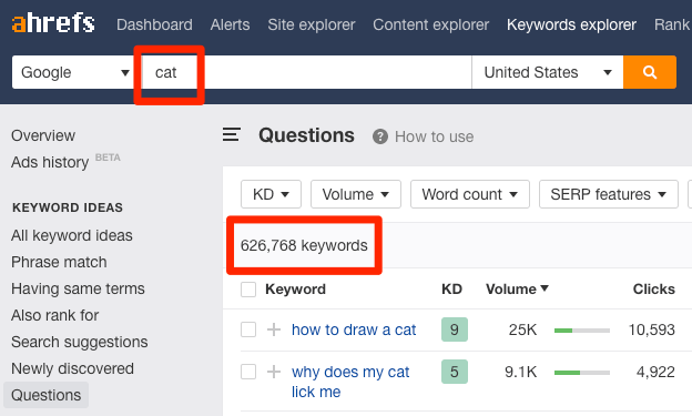 keywords explorer questions report