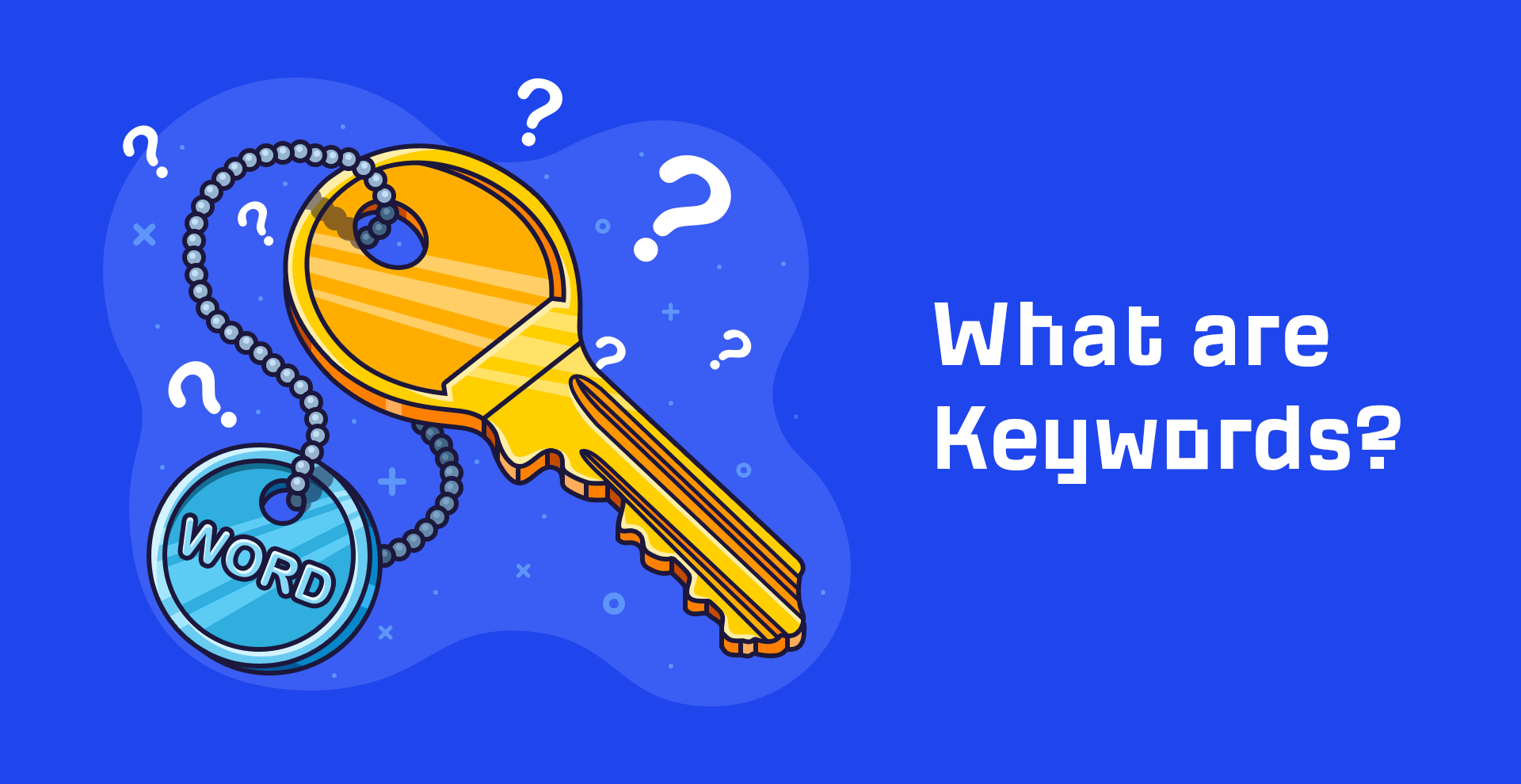  A gold key with a blue tag with the word 'WORD' on it. The key is surrounded by question marks. The image represents the search query 'Using different keywords to find hidden content'.