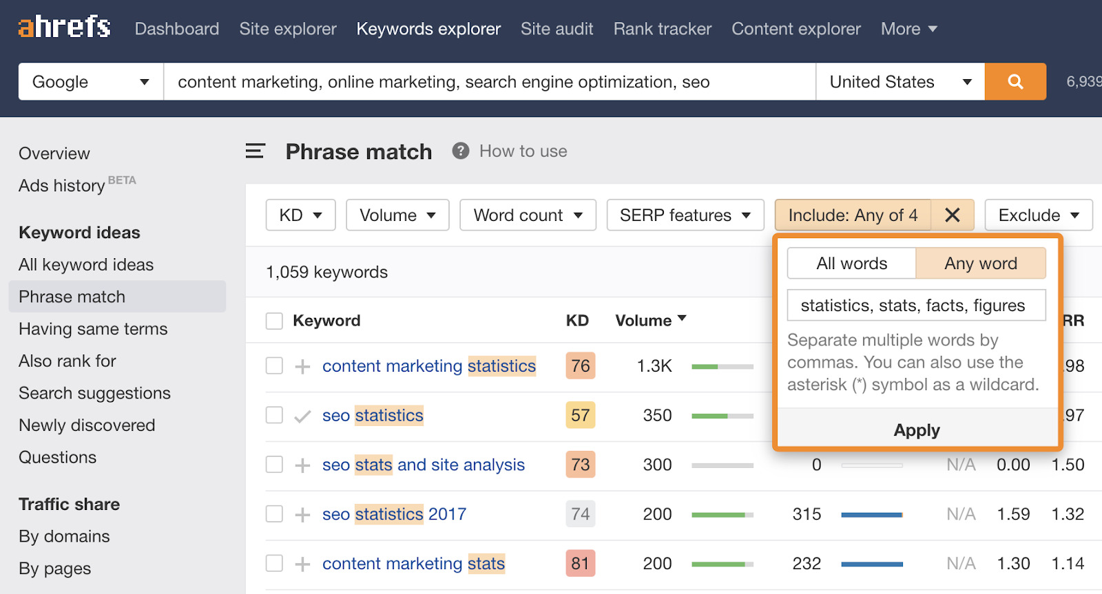 8 keywords explorer include stats