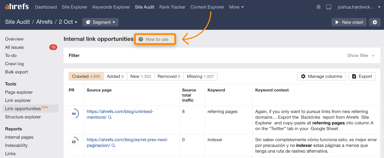 internal link opportunities report can help you build links in an enterprise environment