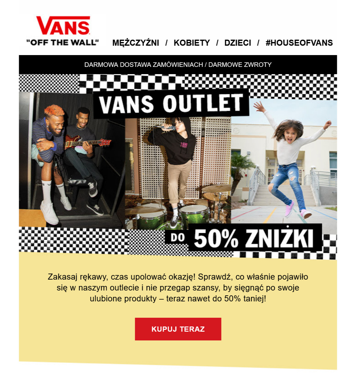 Vans ad with guys playing guitar, young woman singing, little girl excited