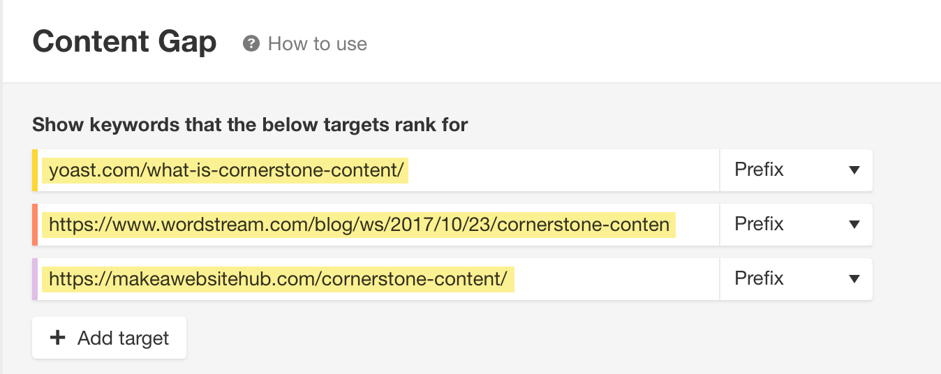Input top-ranking pages URLs in Content Gap report