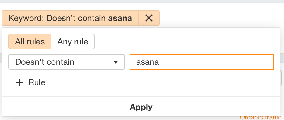 Filtering for keywords that don't contain the word'asana'