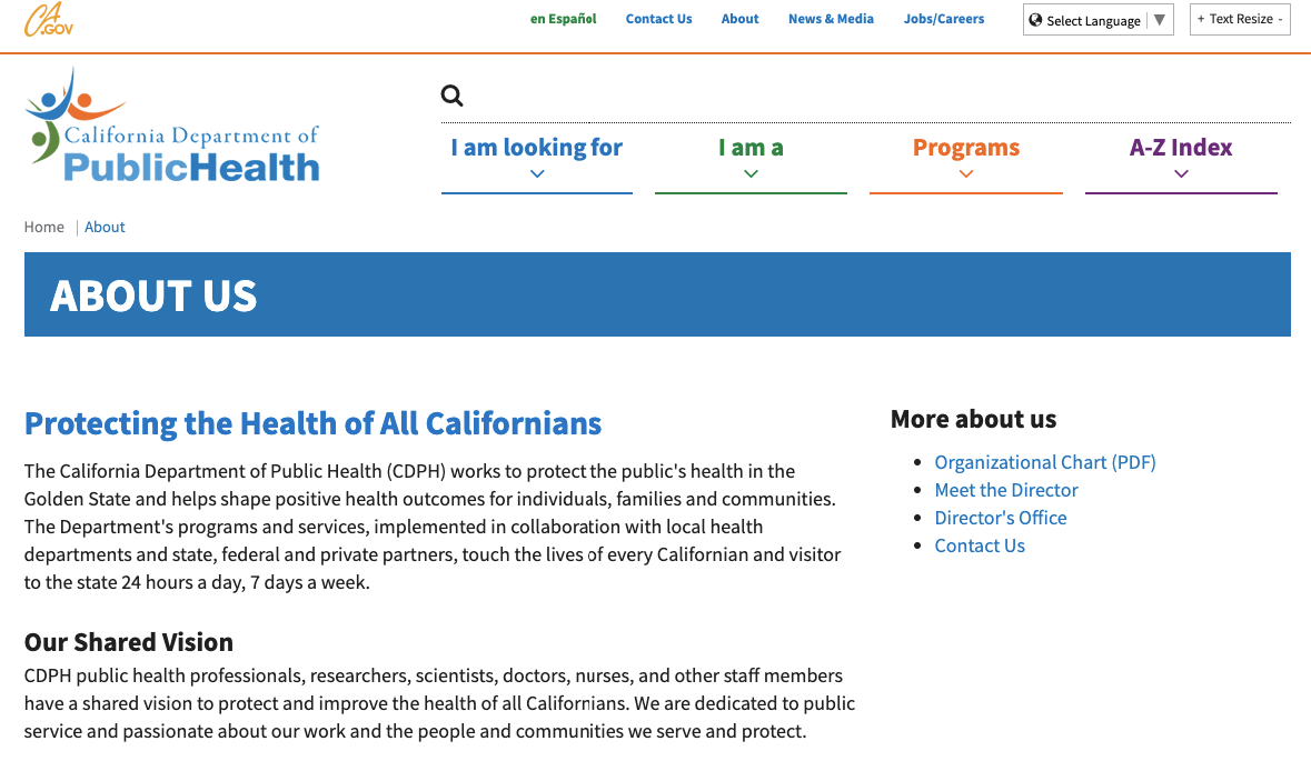 About page of California's public health department  