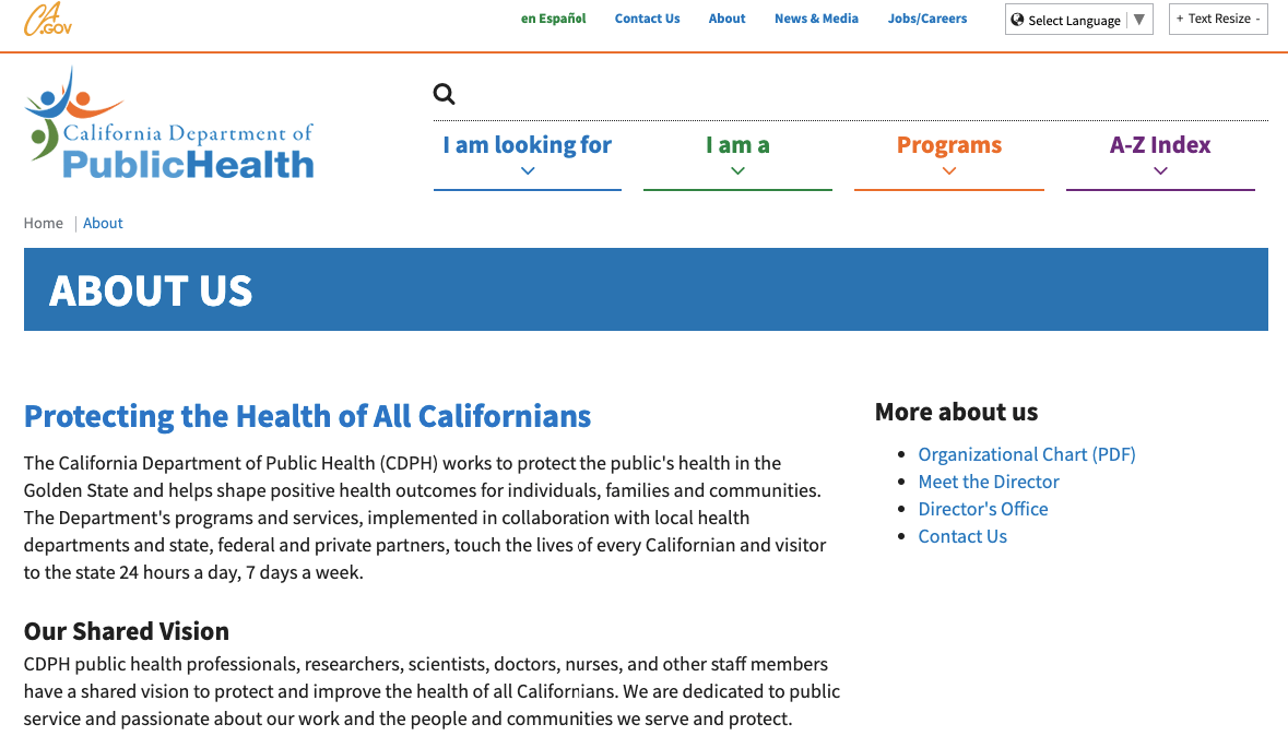 About page of California's public health department 