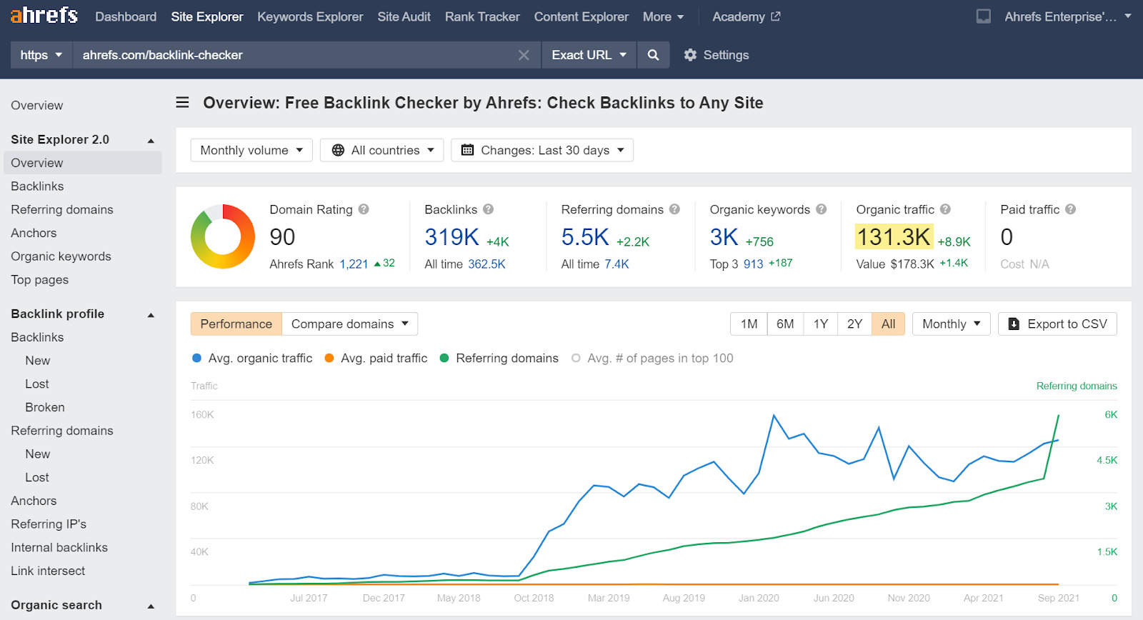 Search Ahrefs' backlink checker page on Site Explorer