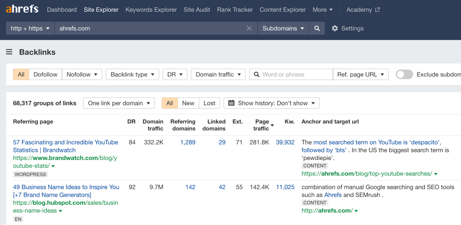 Résultats du rapport de backlinks pour ahrefs.com