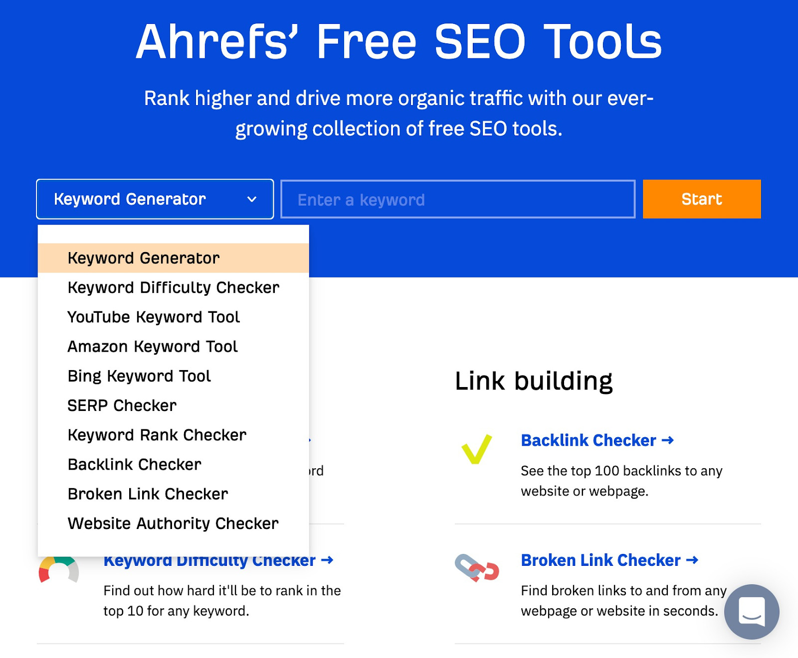 Ahrefs webpage featuring free tools
