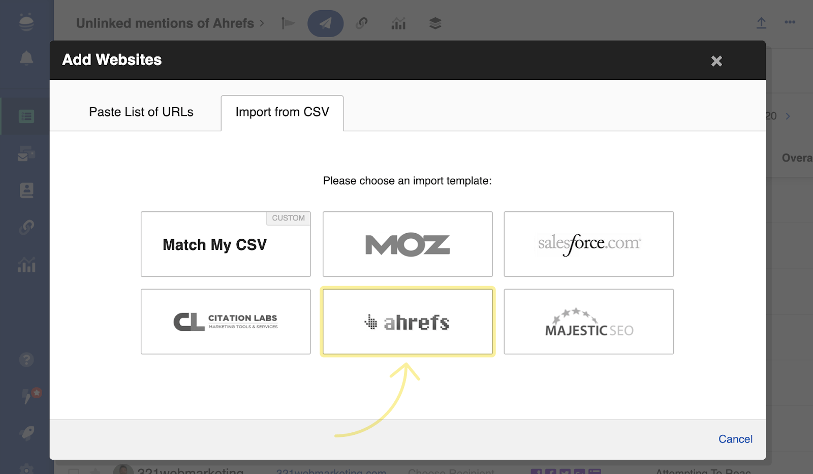 Página de Buzzstream que muestra Ahrefs como una de las opciones de importación