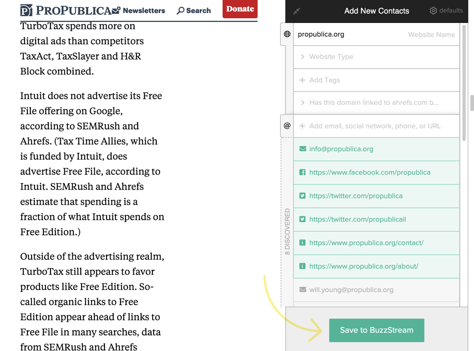 Buzzstream's list of identified contacts taken from ProPublica page