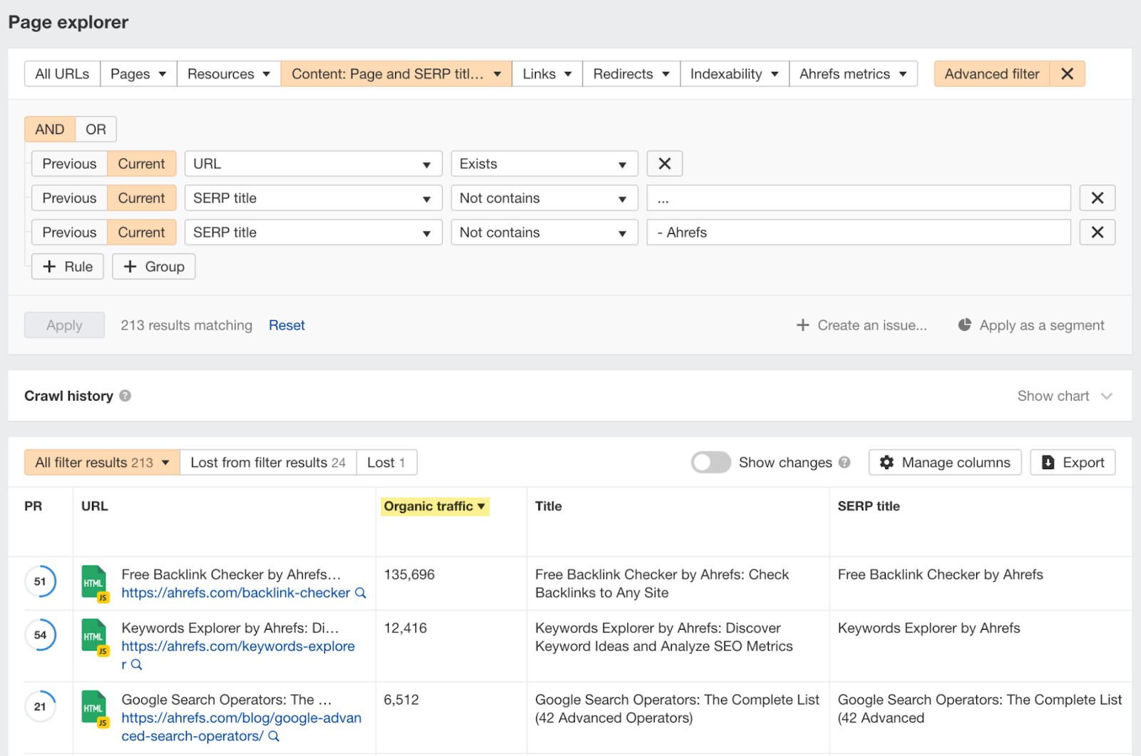 Table in Page explorer sorted by organic traffic