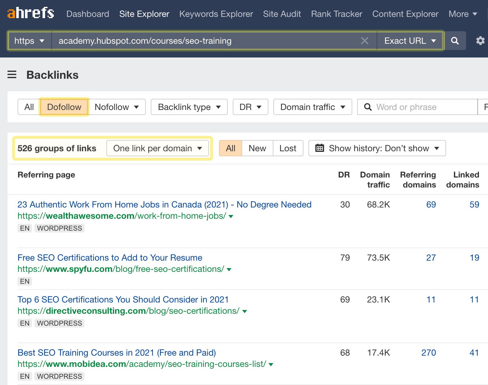 Backlinks report for Hubspot Academy's "seo training course" page