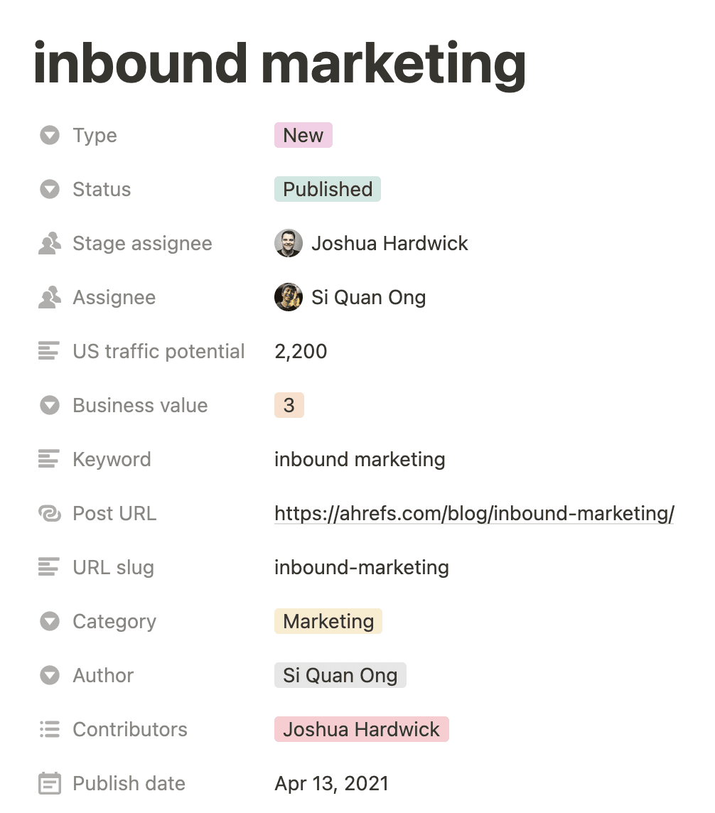 Notion content card for article on inbound marketing